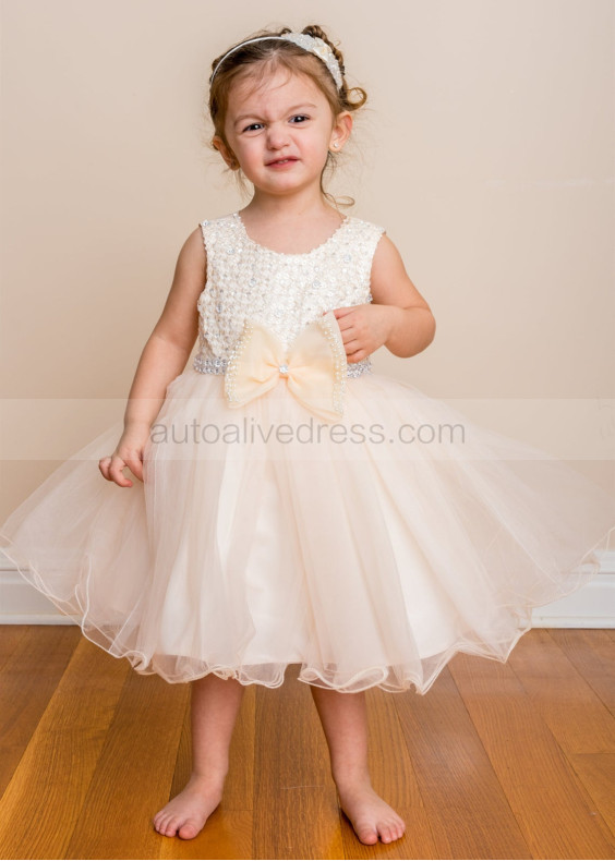 Beaded Tulle Knee Length Flower Girl Dress With Bow